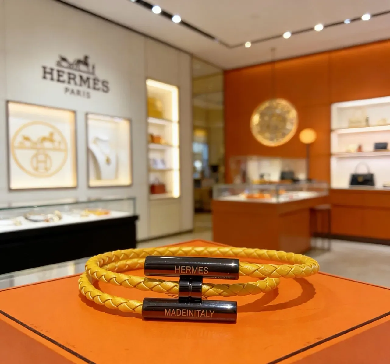 Hermès Yellow Black Braided Leather Magnetic Clasp Bracelet 5