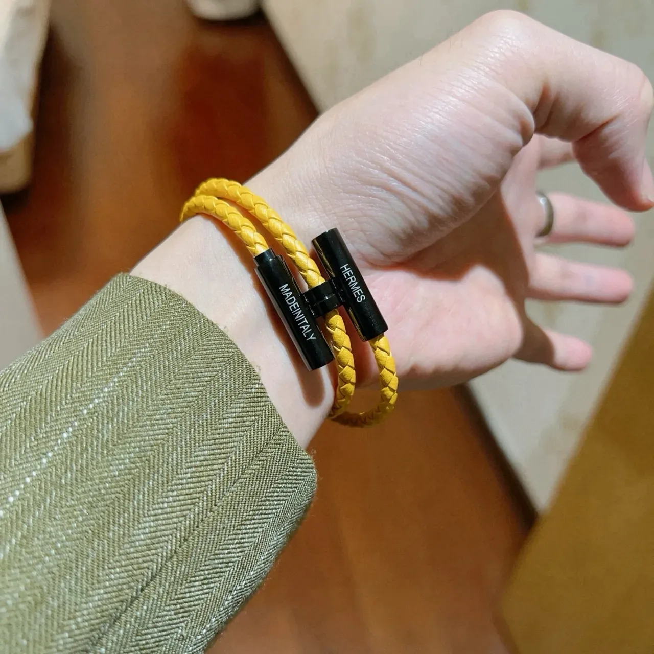 Hermès Yellow Black Braided Leather Magnetic Clasp Bracelet 6