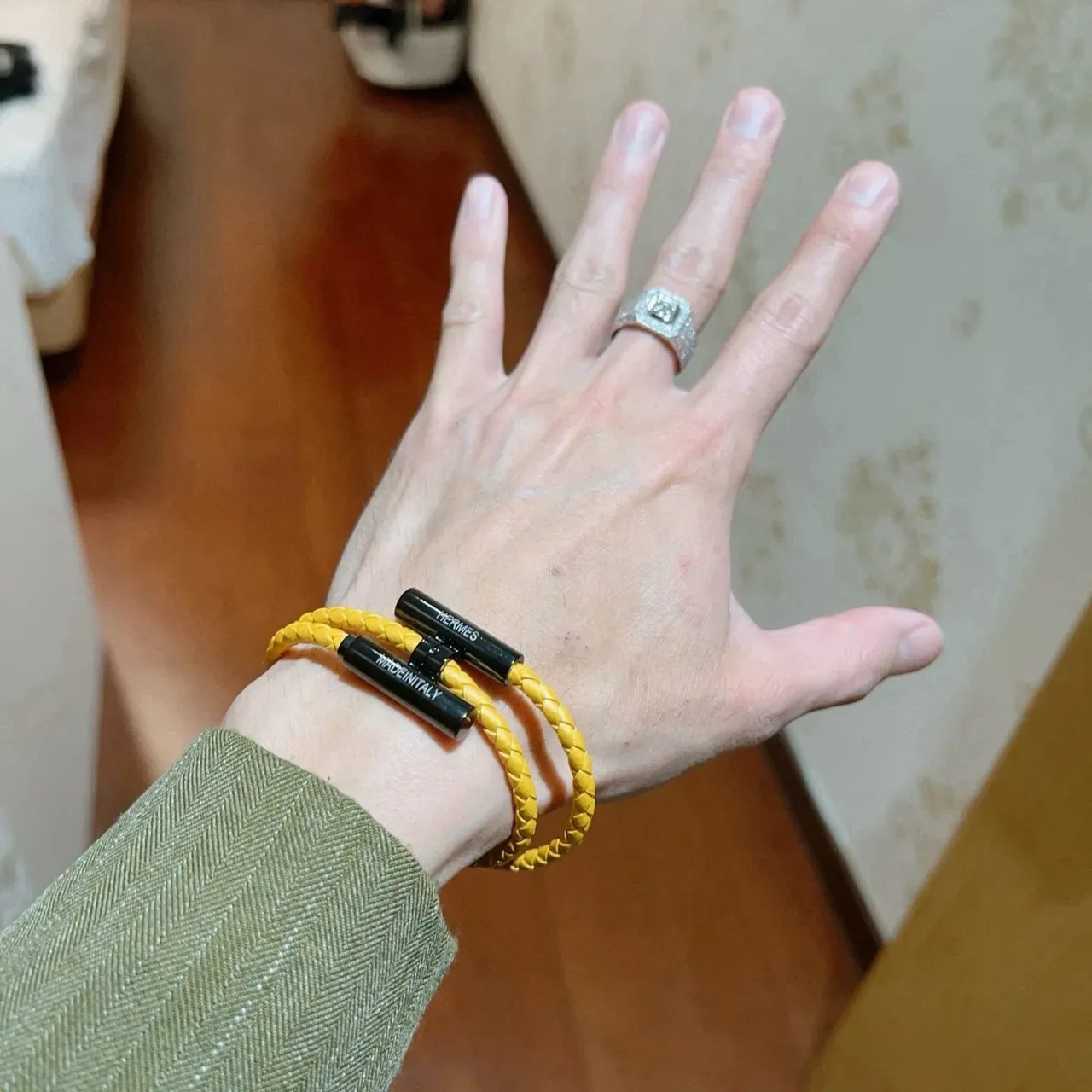 Hermès Yellow Black Braided Leather Magnetic Clasp Bracelet 7