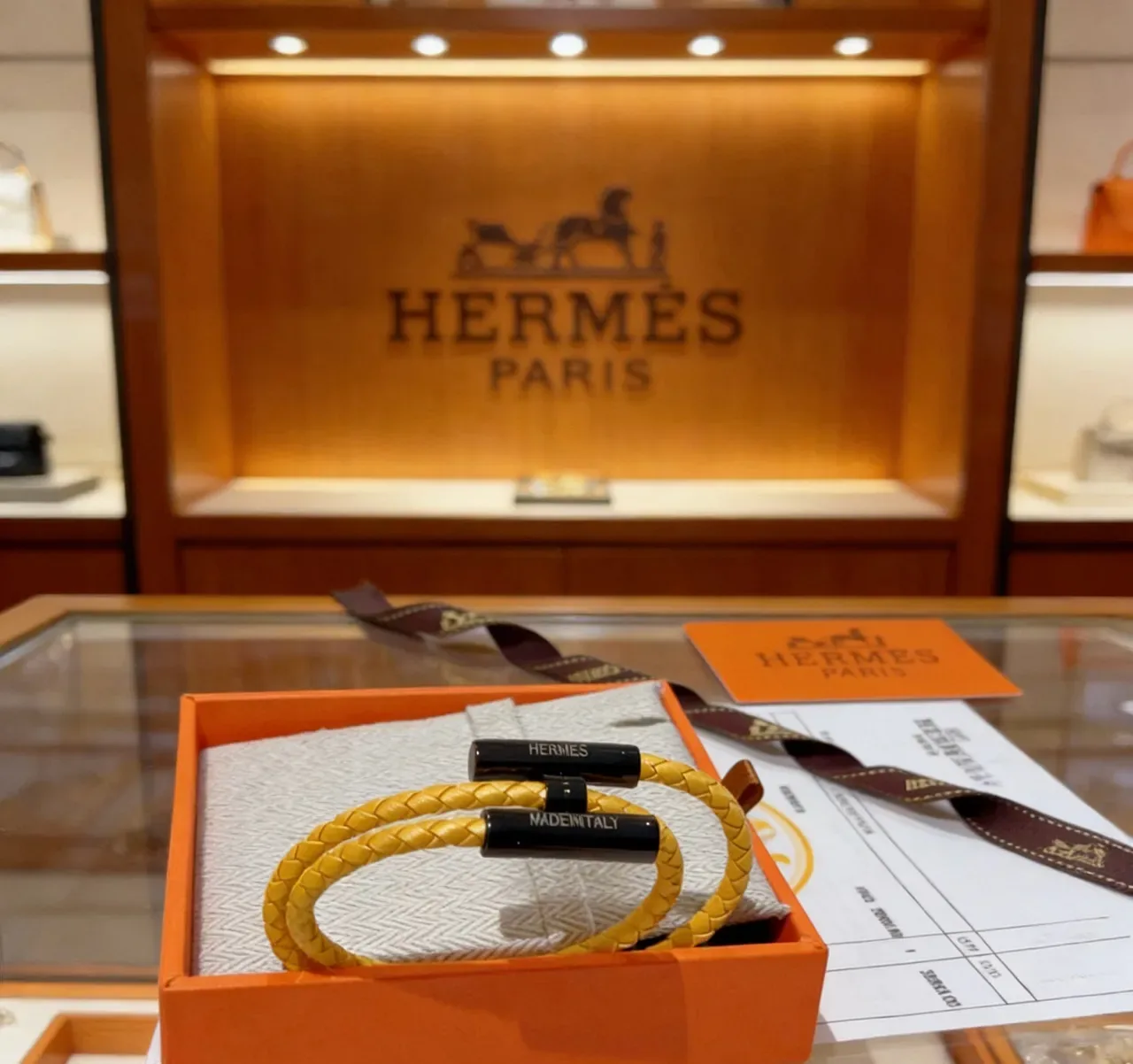 Hermès Yellow Black Braided Leather Magnetic Clasp Bracelet 8