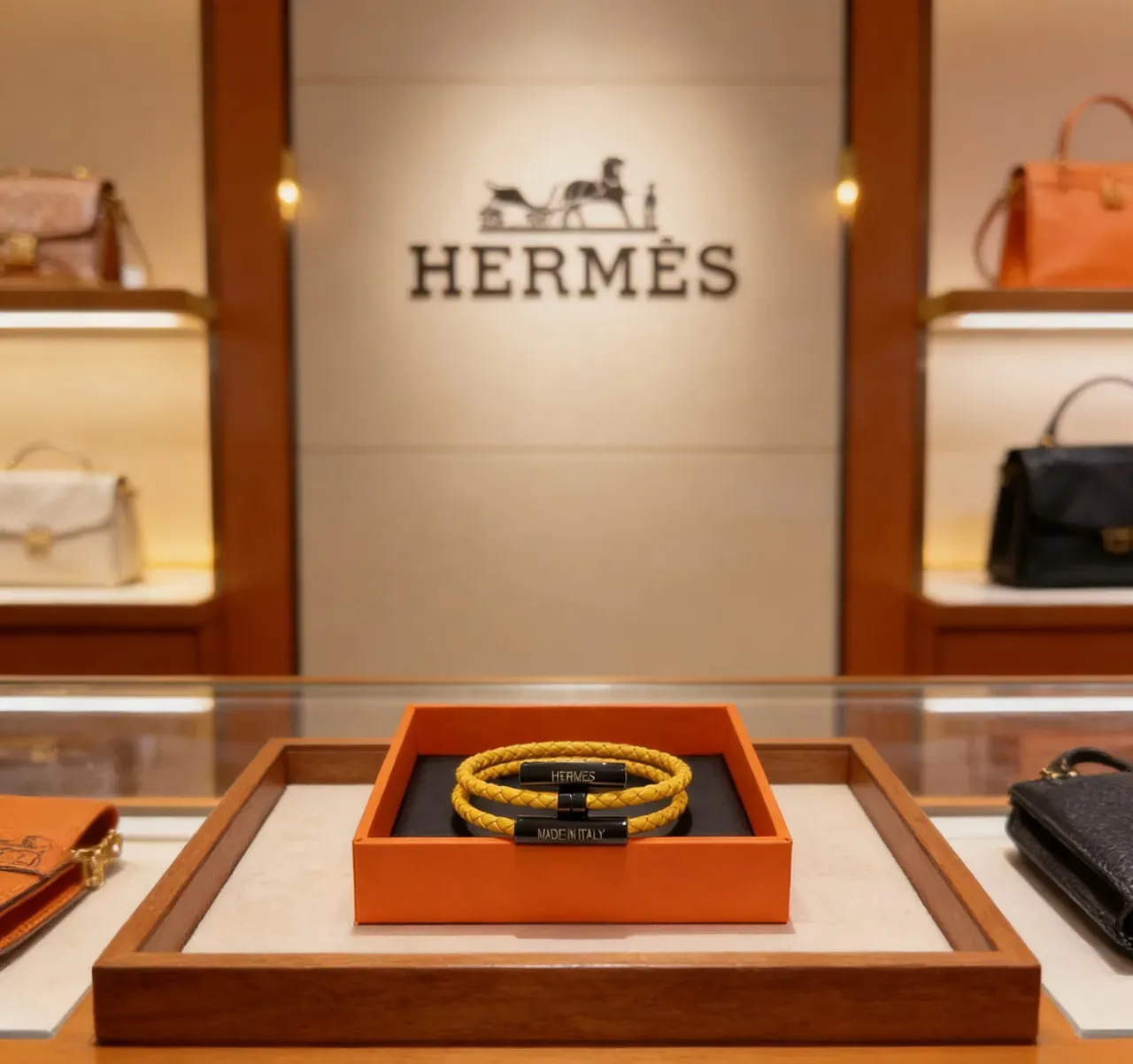Hermès Yellow Black Braided Leather Magnetic Clasp Bracelet 9