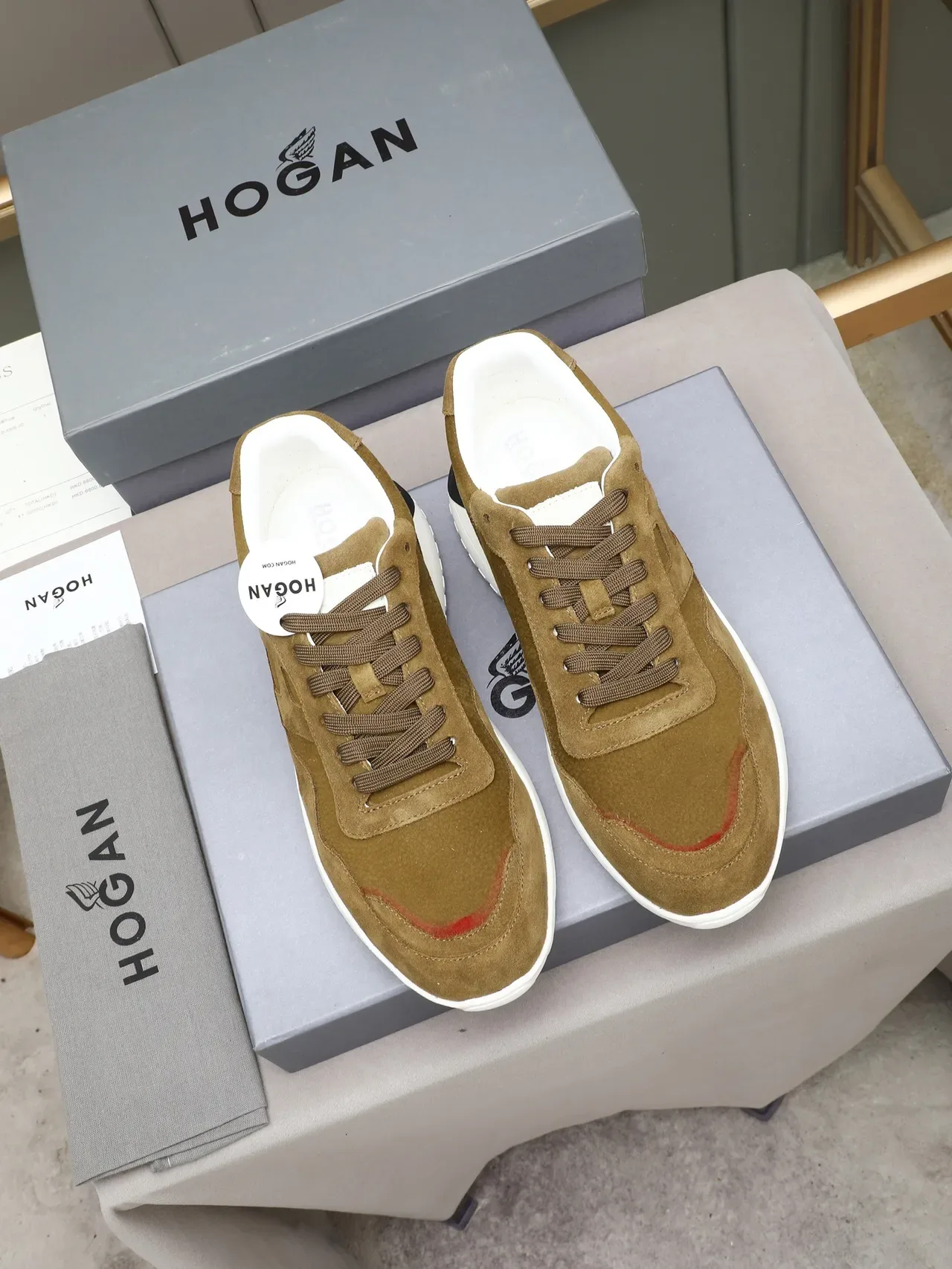 Hogan بني أبيض سويد حذاء رياضي كعب سميك 2