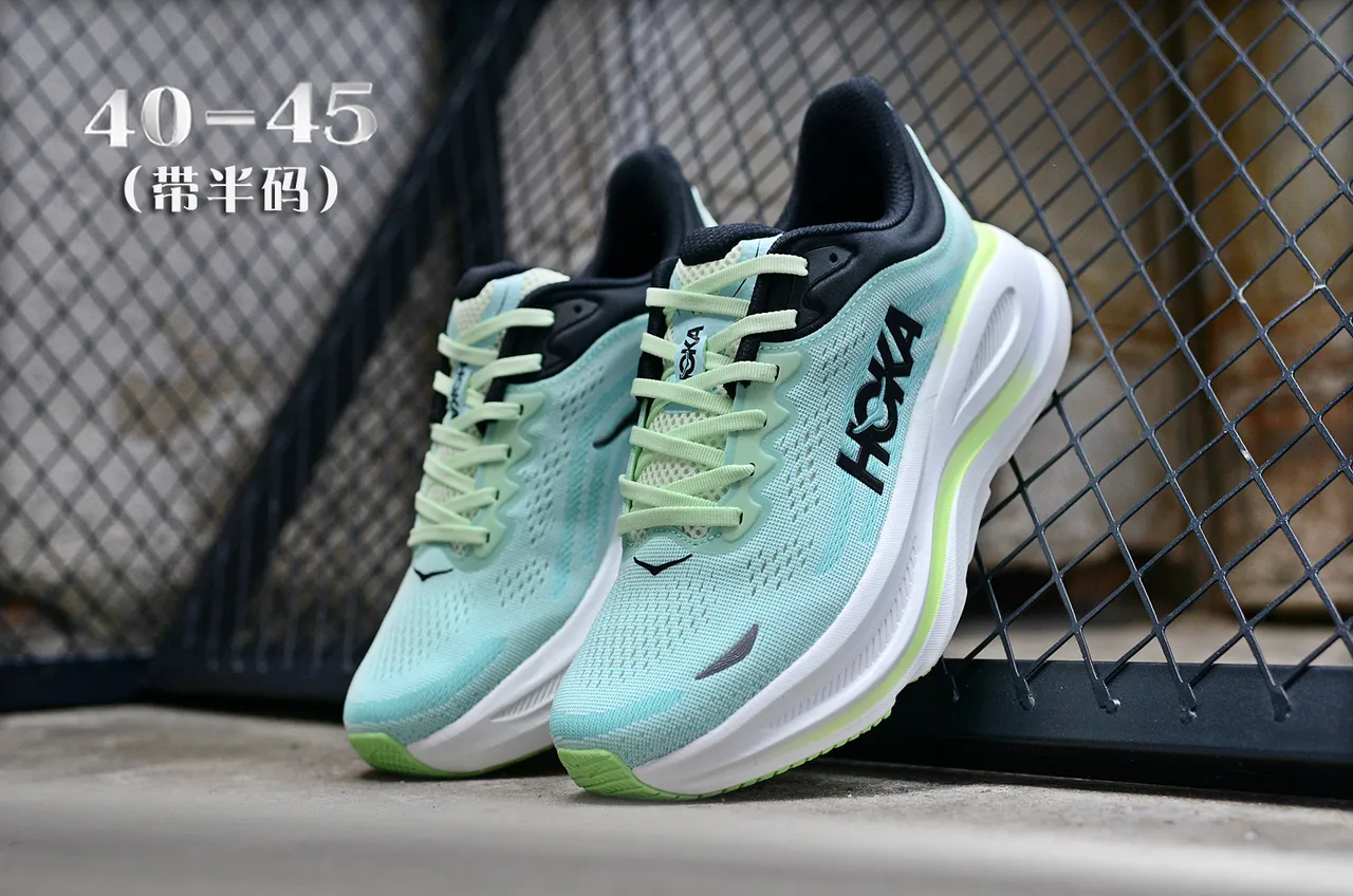 Hoka Clifton Green White Engineered Knit Upper Oversized Midsole Running Shoes 5
