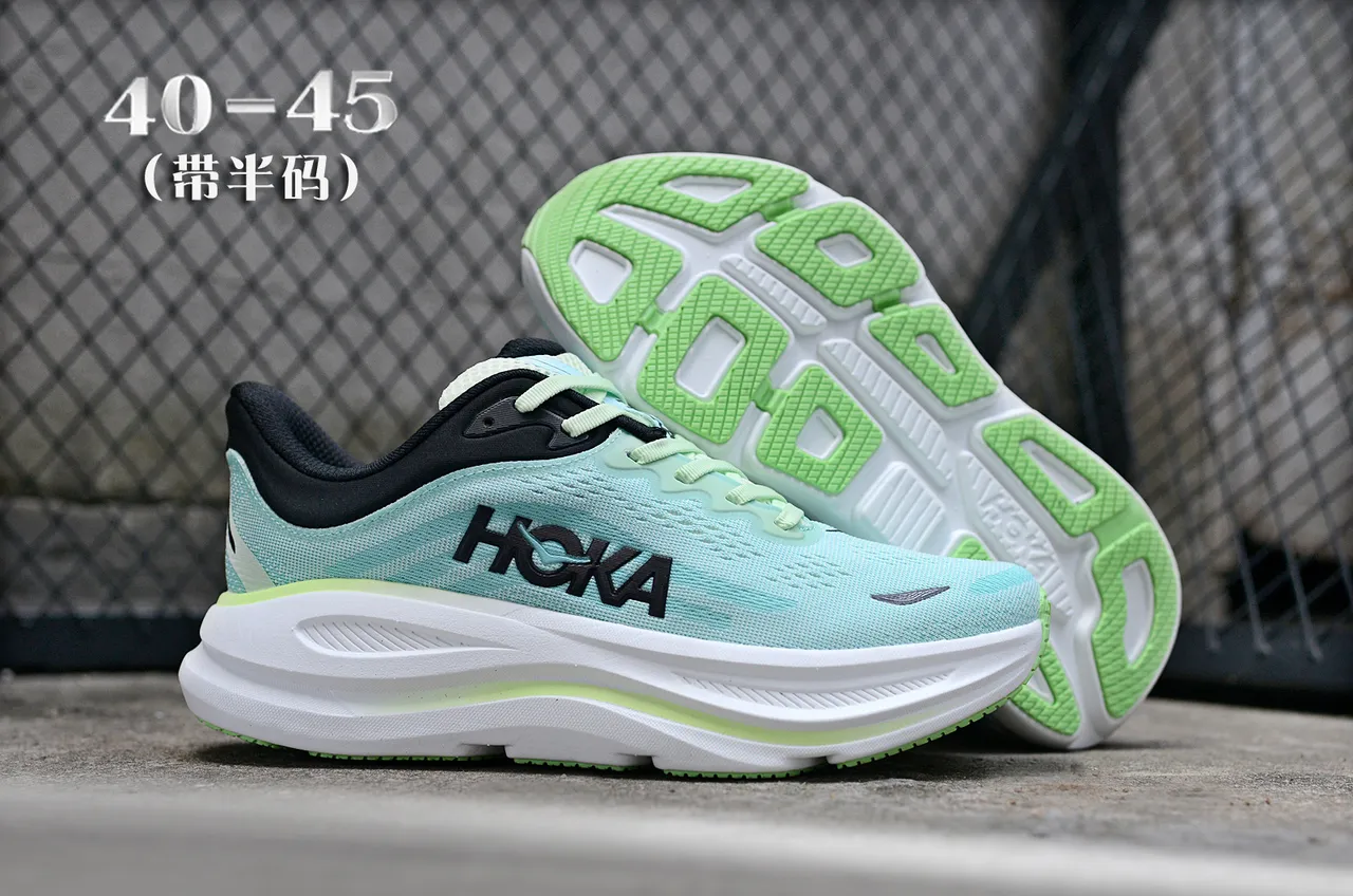 Hoka Clifton Green White Engineered Knit Upper Oversized Midsole Running Shoes 7