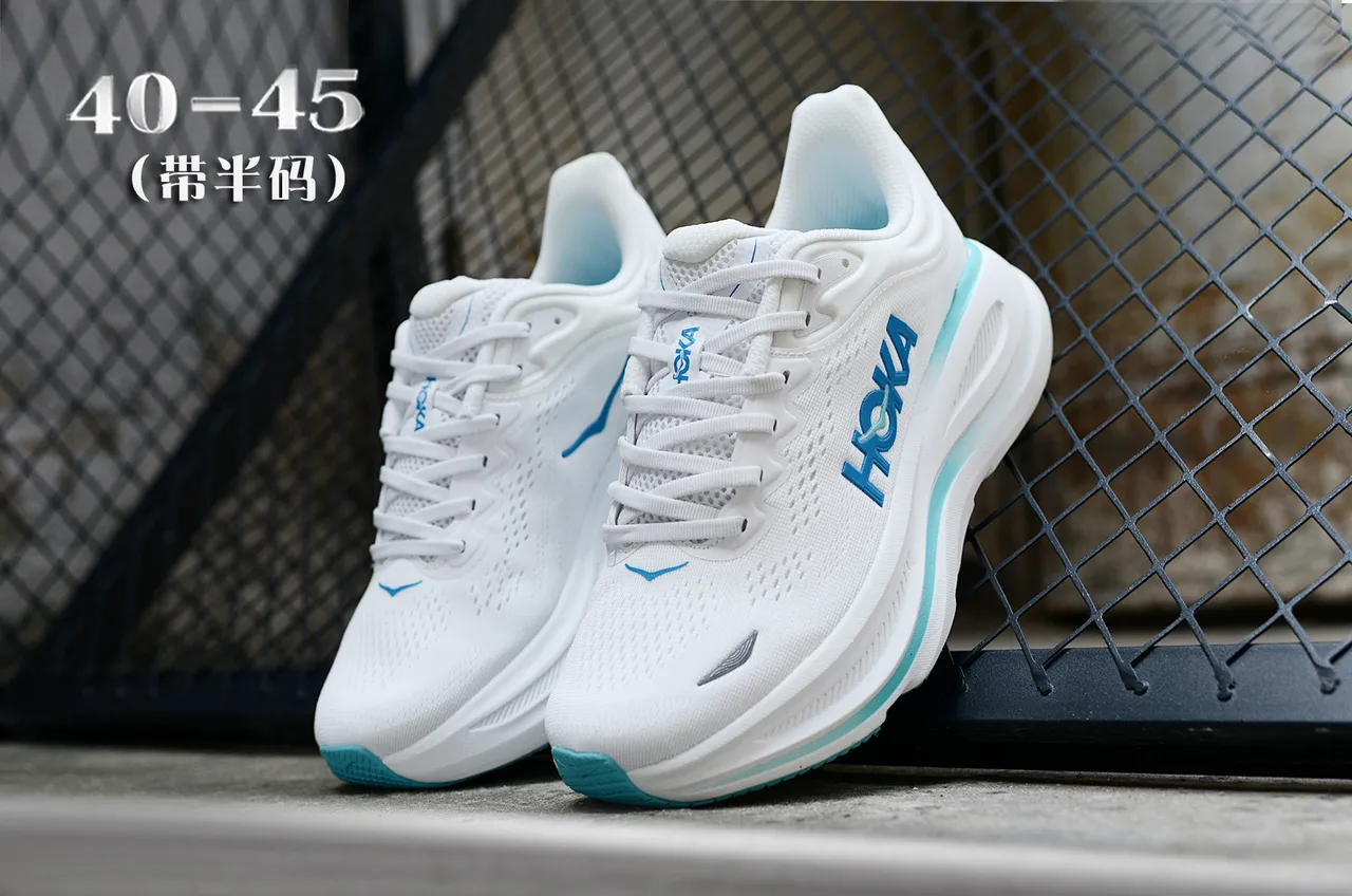 Hoka Clifton White Blue Engineered Mesh Upper Thick EVA Midsole Running Shoes 5