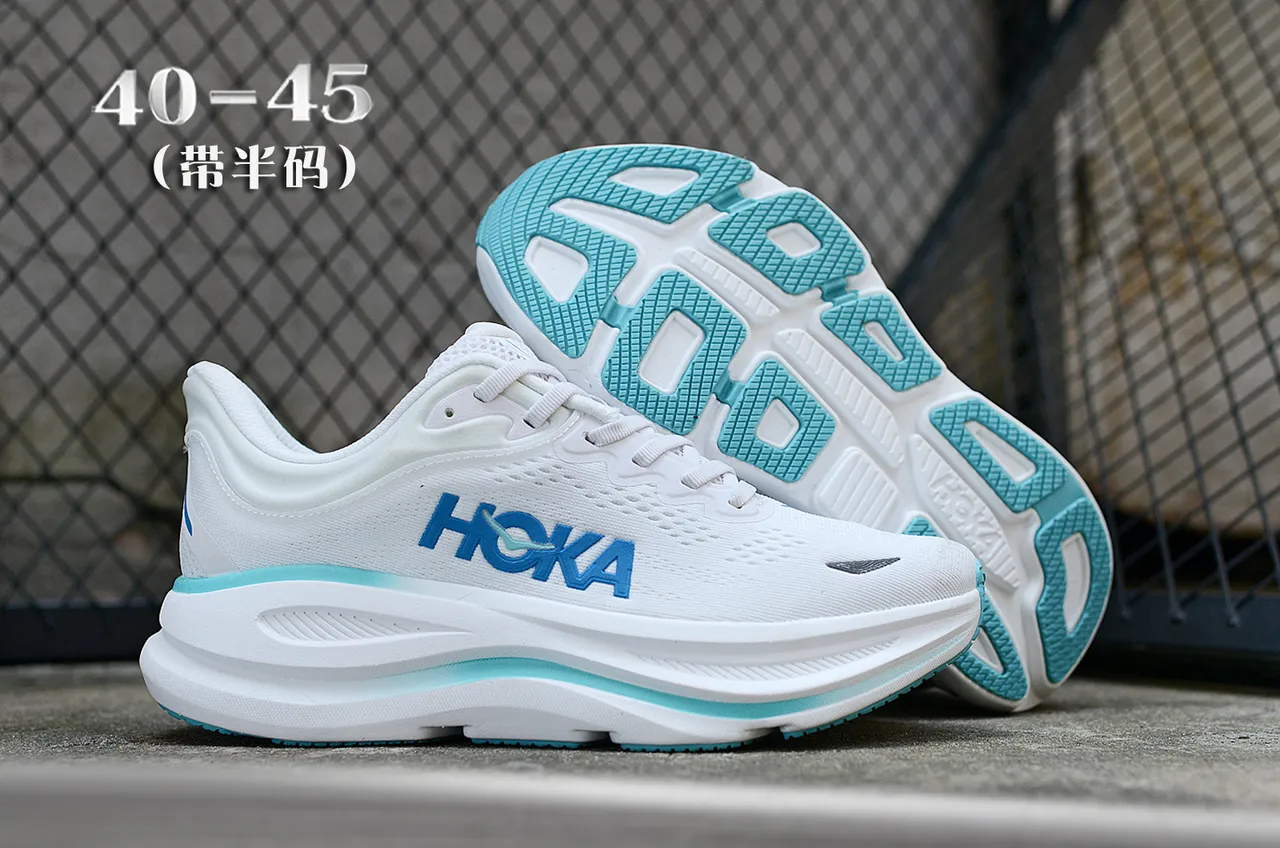 Hoka Clifton White Blue Engineered Mesh Upper Thick EVA Midsole Running Shoes 7