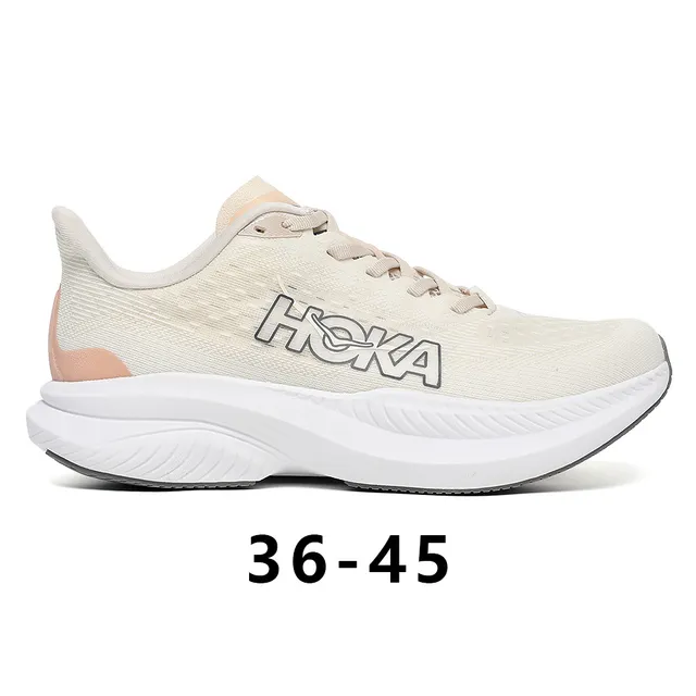 Hoka Mach 6 Beige Rosa Superior de Tejido Ingenieril Suela Media Esculpida Blanca Zapatillas de Running 2
