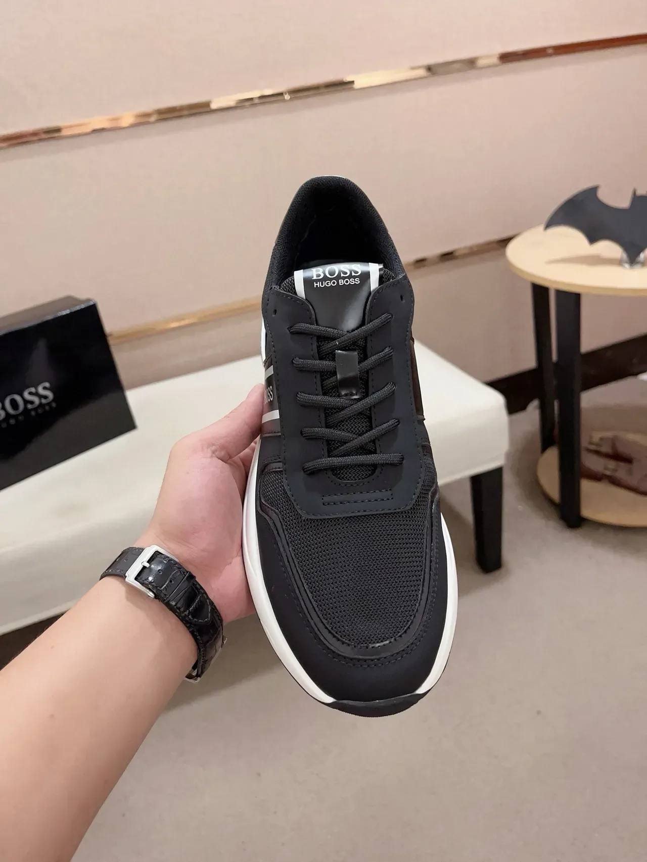 Hugo Boss কালো সাদা মেশ এবং সিন্থেটিক আপার লেয়ার্ড প্ল্যাটফর্ম সোল লাইফস্টাইল স্নিকার্স 2