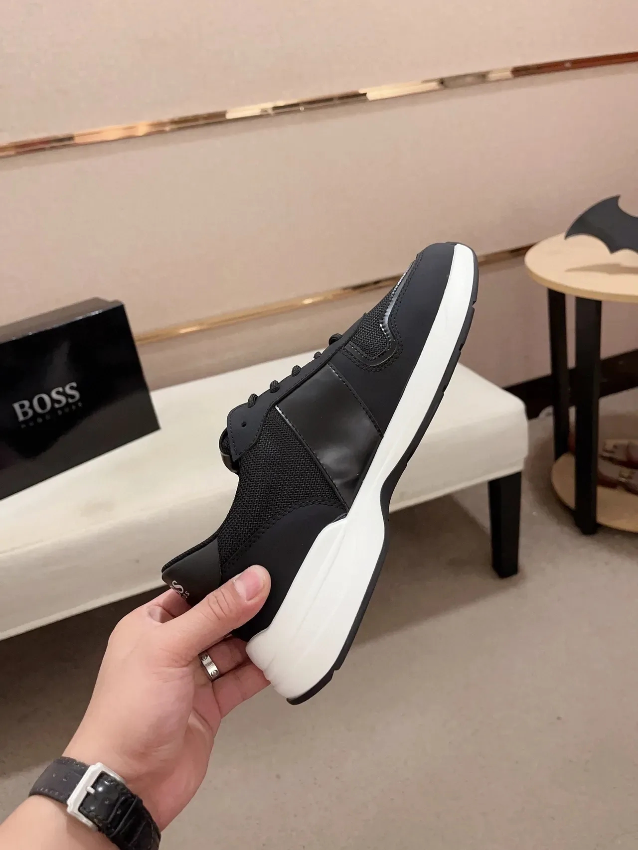 Hugo Boss কালো সাদা মেশ এবং সিন্থেটিক আপার লেয়ার্ড প্ল্যাটফর্ম সোল লাইফস্টাইল স্নিকার্স 5
