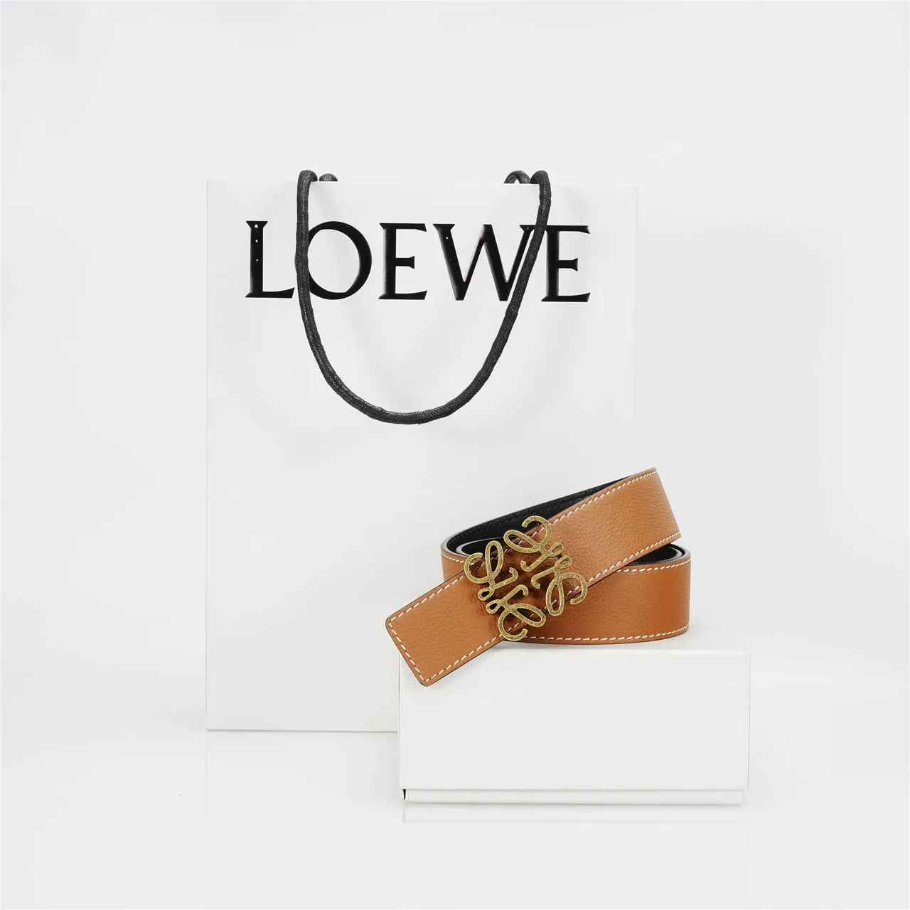 Loewe Anagram Belt Brown Beige Pebbled White Contrast Stitching Leather Belt 4