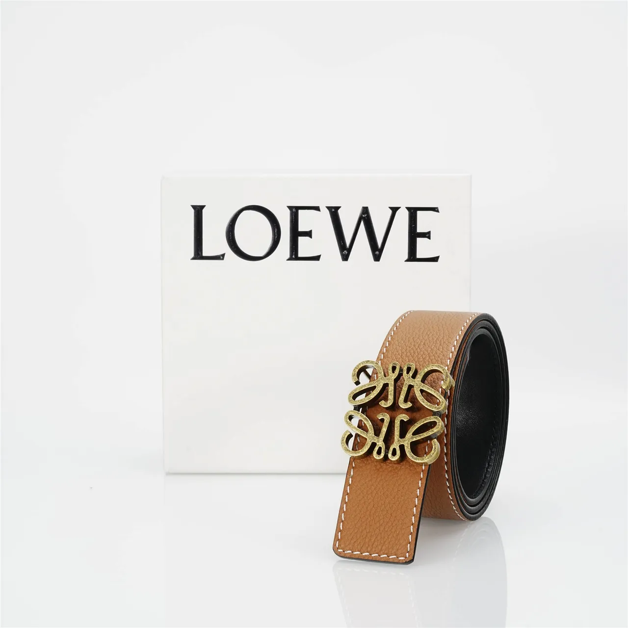 Loewe Anagram Belt Brown Beige Pebbled White Contrast Stitching Leather Belt 5