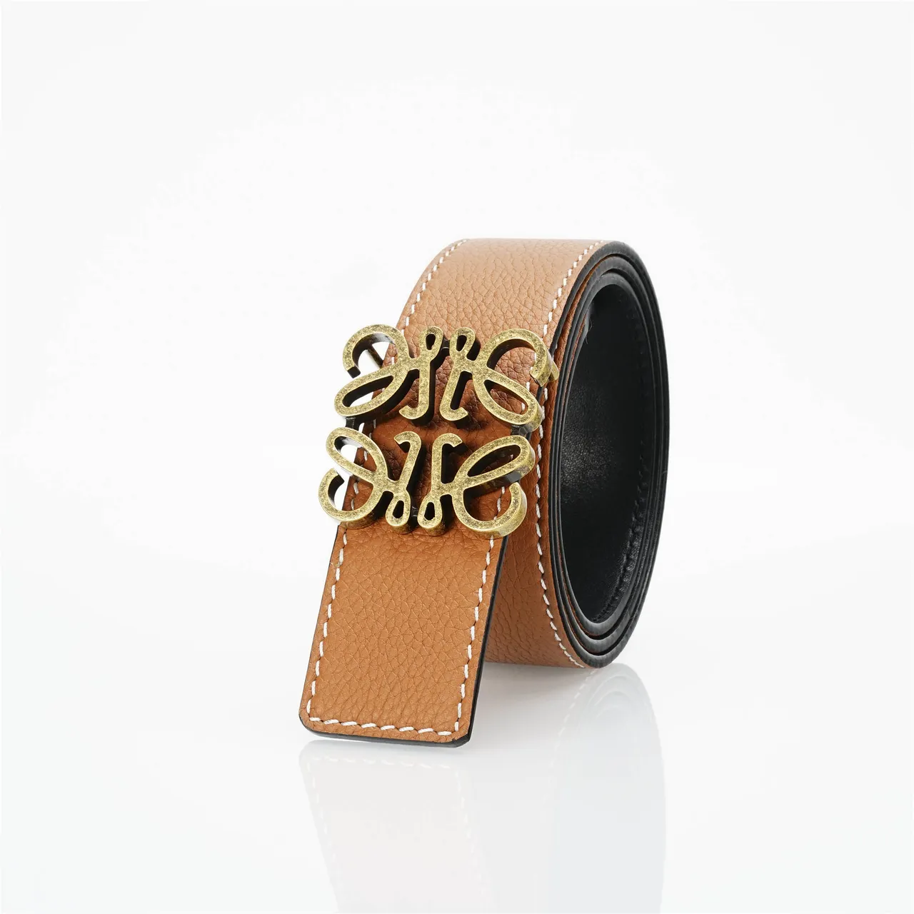 Loewe Anagram Belt Brown Beige Pebbled White Contrast Stitching Leather Belt 6