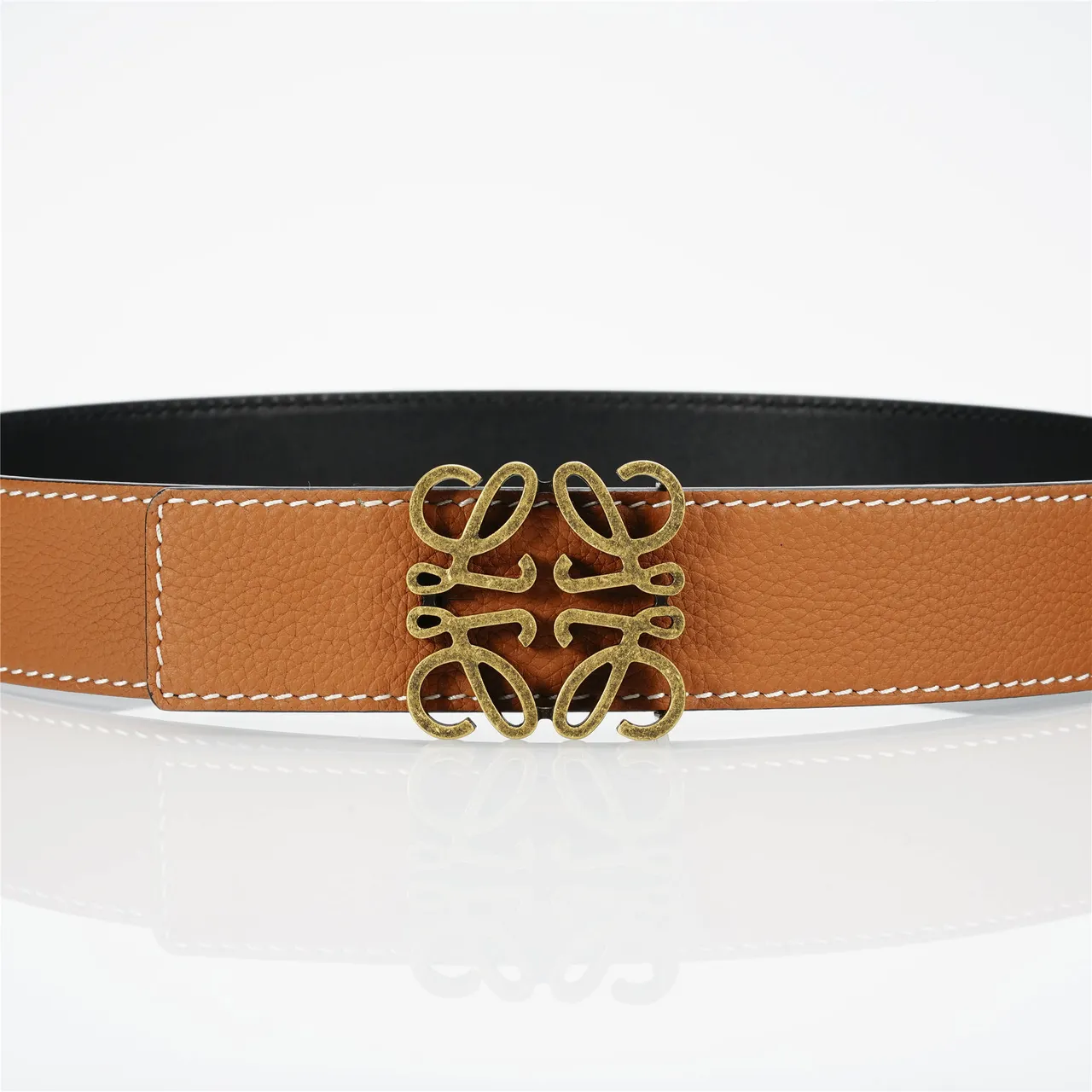 Loewe Anagram Belt Brown Beige Pebbled White Contrast Stitching Leather Belt 8