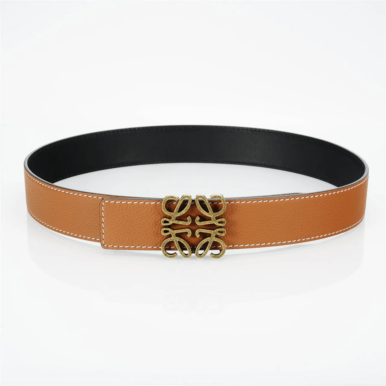 Loewe Anagram Belt Brown Beige Pebbled White Contrast Stitching Leather Belt 9