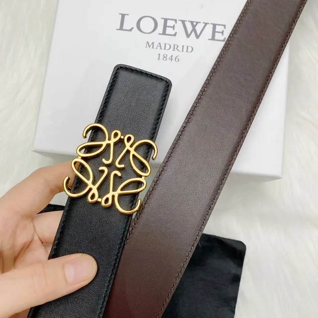 Loewe Anagram 黑色金色 光滑扣头 皮革皮带 8