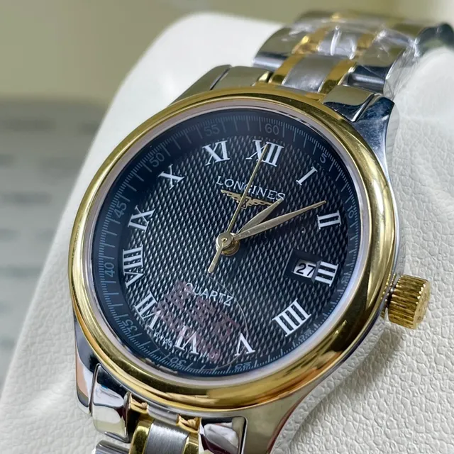 Longines काला सोना दो टोन स्टेनलेस स्टील गिलोचे डायल क्वार्ट्ज घड़ी 2