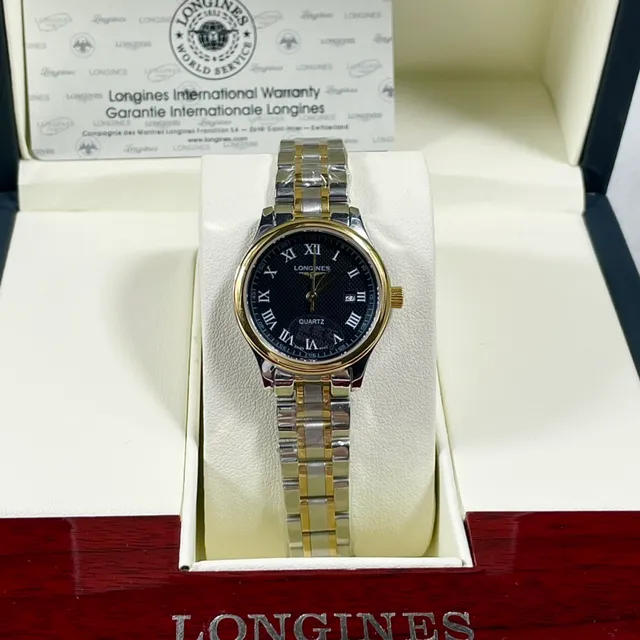 Longines काला सोना दो टोन स्टेनलेस स्टील गिलोचे डायल क्वार्ट्ज घड़ी 3