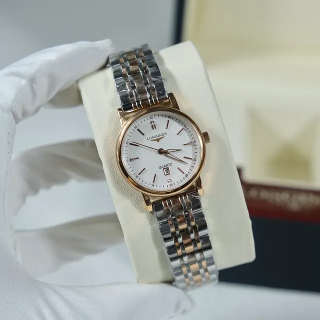 Longines सोने का श्वेत गुलाब स्टेनलेस स्टील डायमंड-बेज़ेल क्वार्ट्ज घड़ी 4