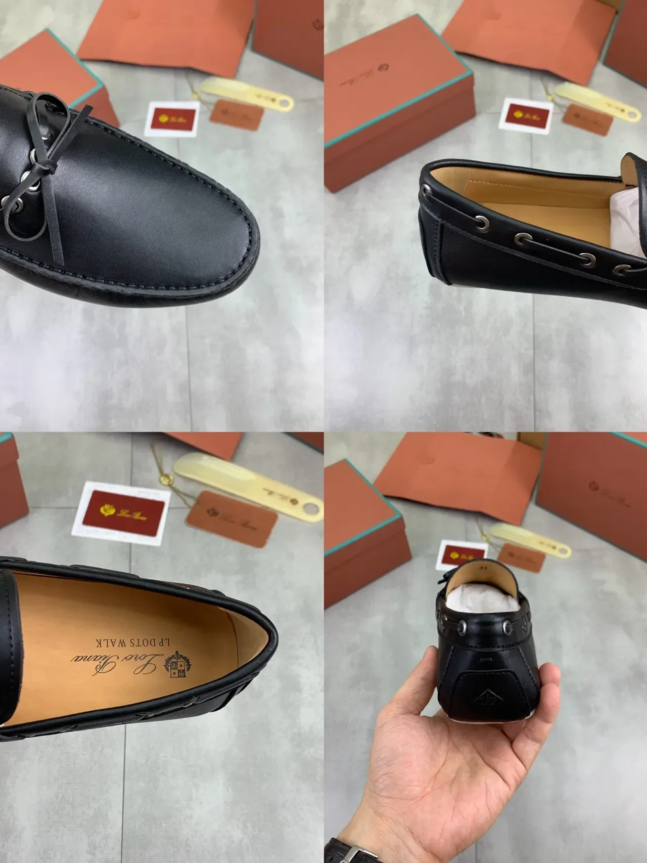 Loro Piana Mocassim Cuir Noir Œillets Nœud 2