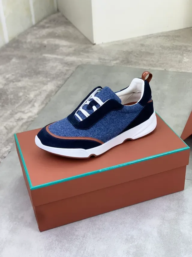 Loro Piana Navy Brown Sneakers tige mélange laine overlays daim 5