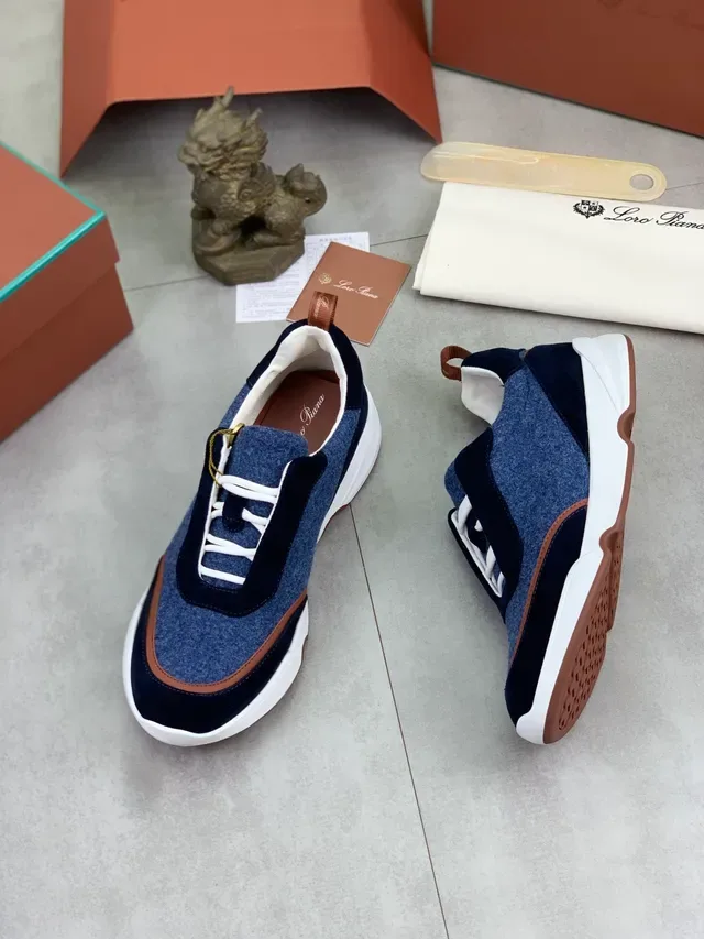 Loro Piana Navy Brown Sneakers tige mélange laine overlays daim 6