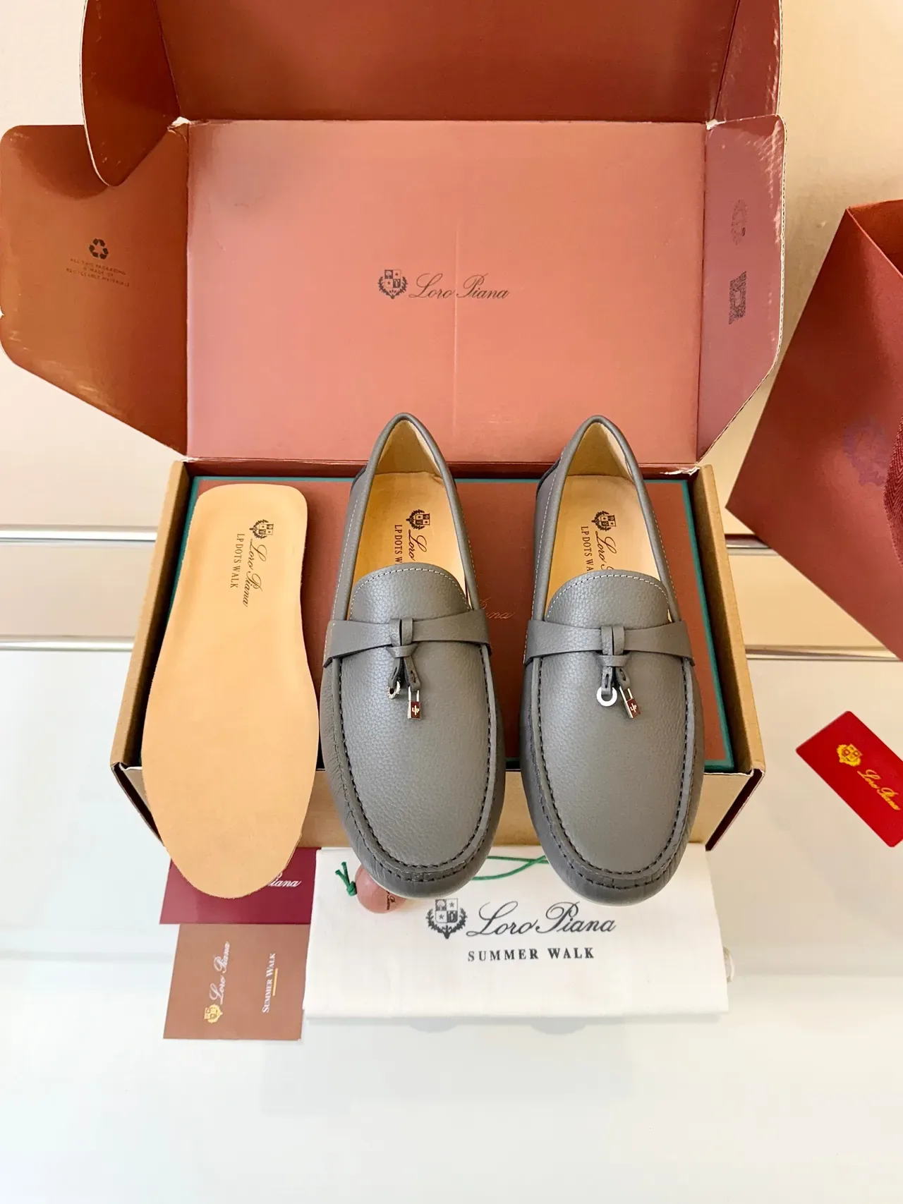 Mocassins Loro Piana Penny Cuir Granulé Gris 6