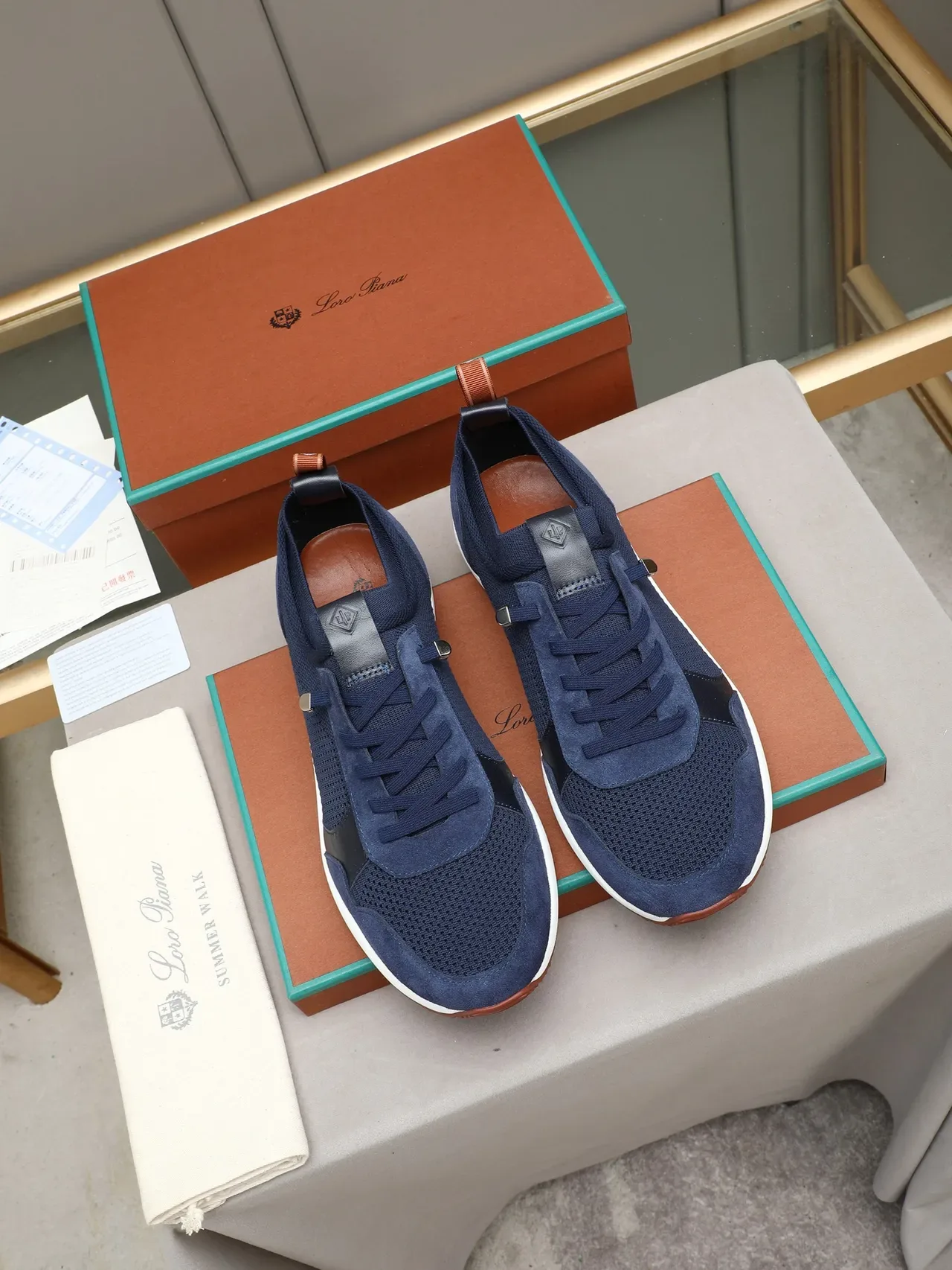 Loro Piana Summer Walk حذاء أسلوب حياة أزرق بحري شبكة وسويد 3