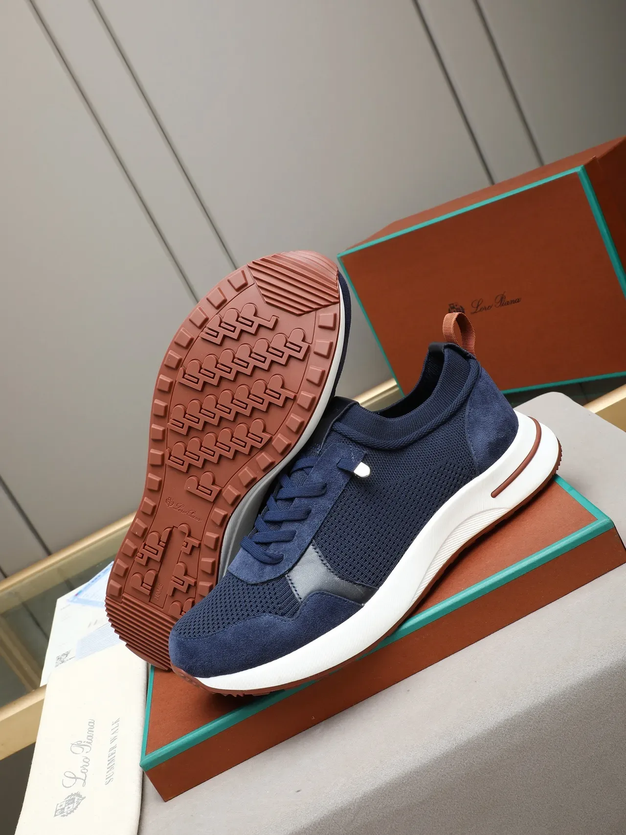 Loro Piana Summer Walk حذاء أسلوب حياة أزرق بحري شبكة وسويد 5