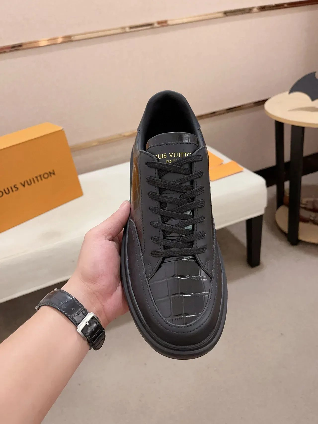 Louis Vuitton All-Black Crocodile-Embossed Platform Lifestyle Sneaker 6
