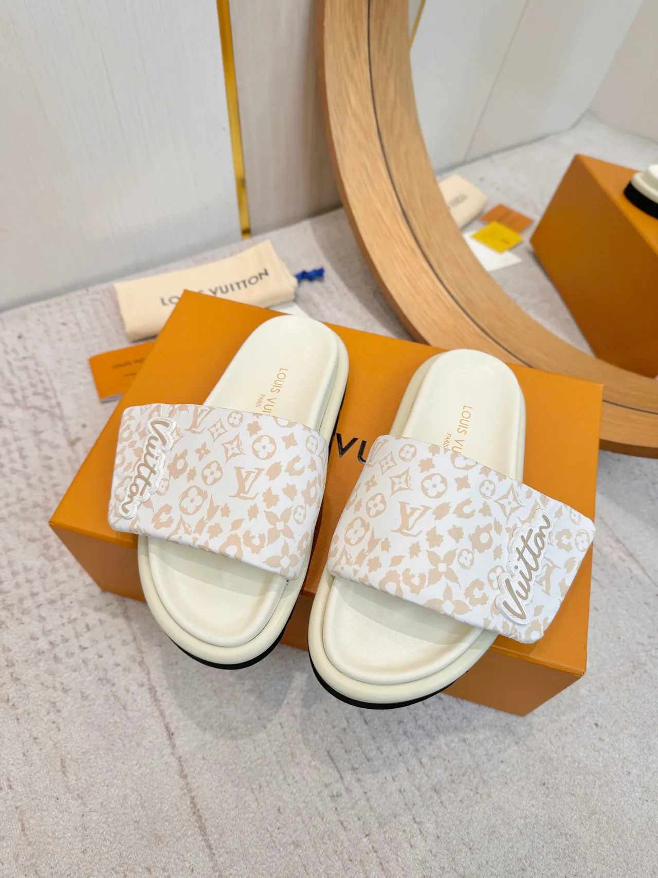 Louis Vuitton Beige White Monogram-Print Strap Raised Logo Patch Slippers 2