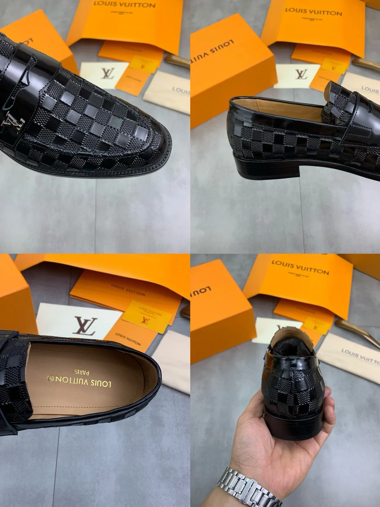 Louis Vuitton Black Beige Woven Monogram Leather Patent-Finish Texture Loafer 2