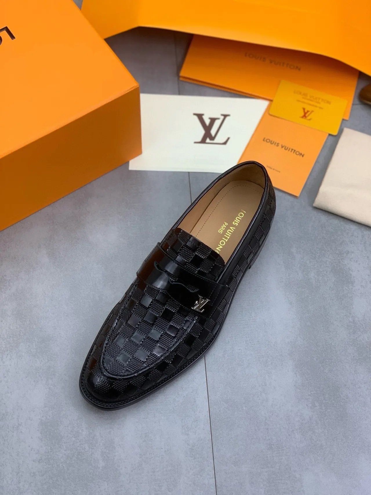 Louis Vuitton Black Beige Woven Monogram Leather Patent-Finish Texture Loafer 4