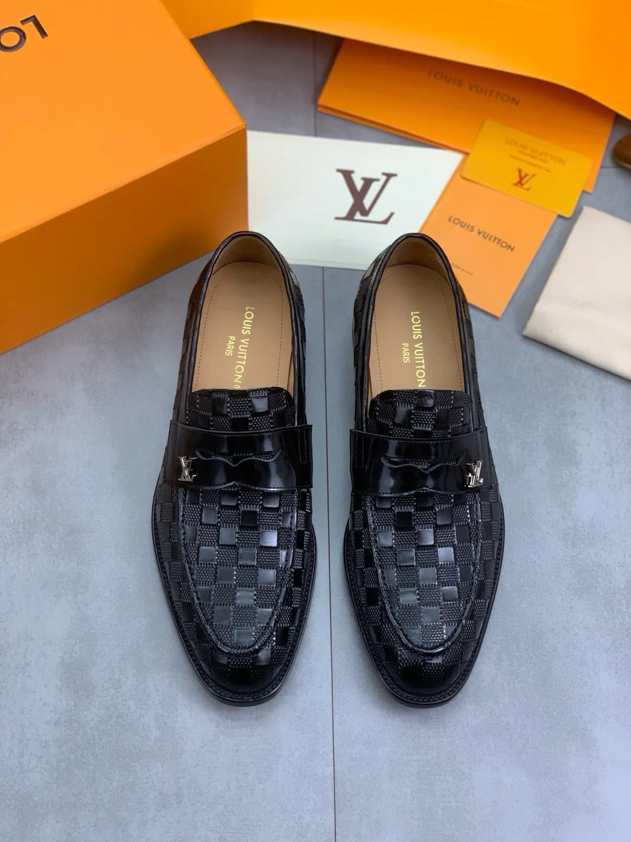 Louis Vuitton Black Beige Woven Monogram Leather Patent-Finish Texture Loafer 5