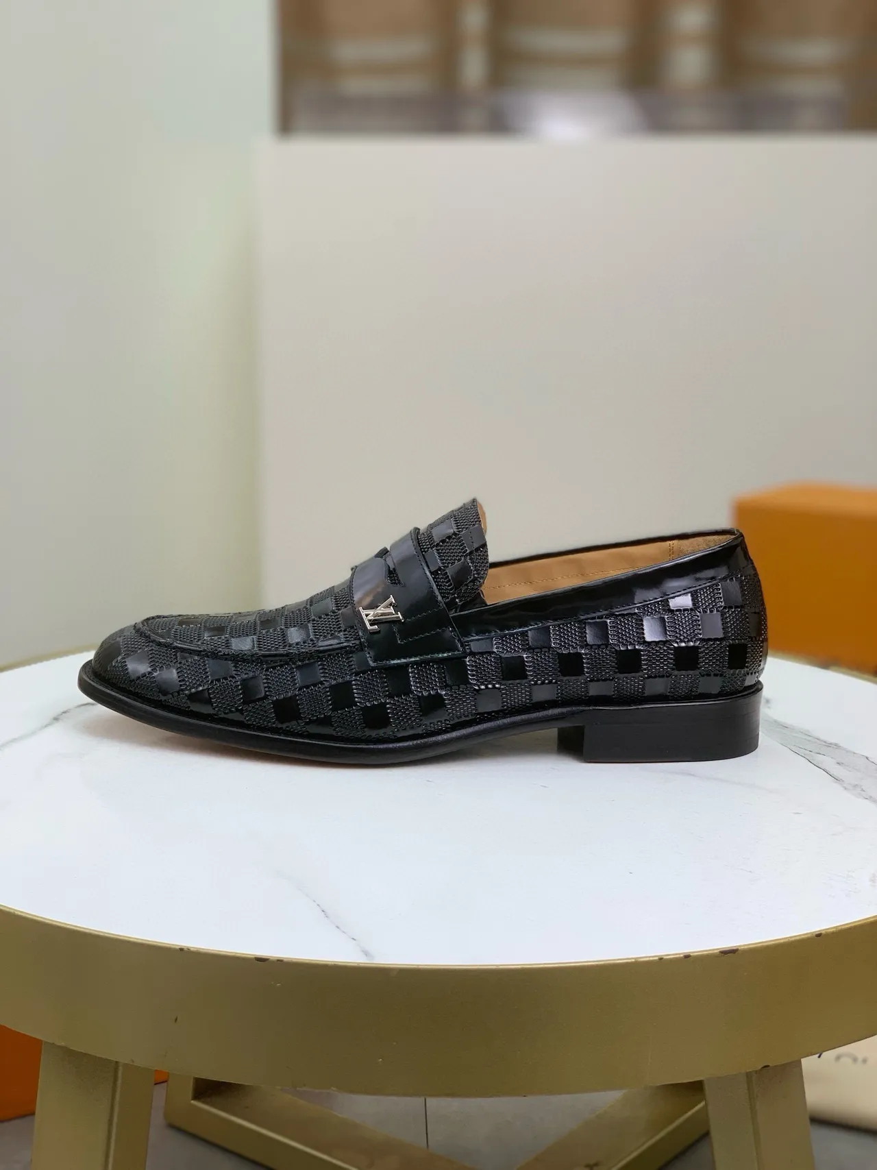 Louis Vuitton Black Beige Woven Monogram Leather Patent-Finish Texture Loafer 6