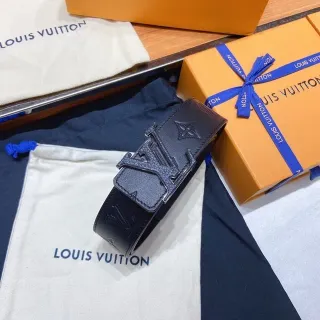 Louis Vuitton Black Blue Embossed Monogram Oversized Metallic Buckle Leather Belt
