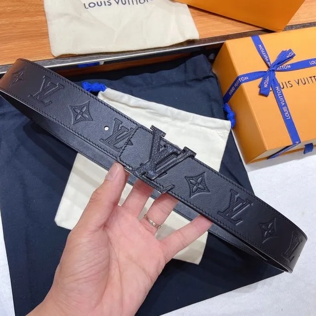 Louis Vuitton Black Blue Embossed Monogram Oversized Metallic Buckle Leather Belt 5