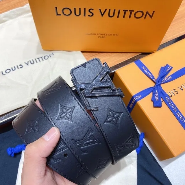 Louis Vuitton Black Blue Embossed Monogram Oversized Metallic Buckle Leather Belt 6