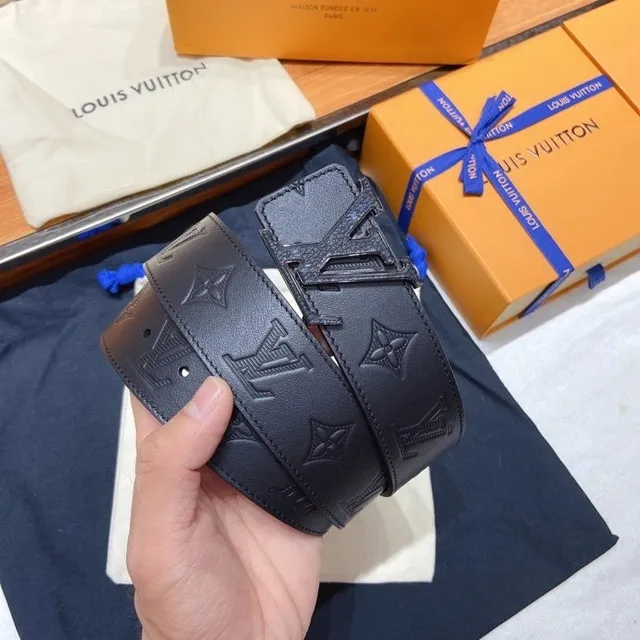 Louis Vuitton Black Blue Embossed Monogram Oversized Metallic Buckle Leather Belt 7
