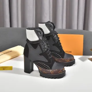 Louis Vuitton काला भूरा मोटा प्लेटफॉर्म मिश्रित सामग्री ऊपरी एंकल बूट्स