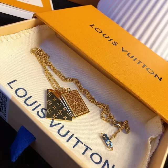 Louis Vuitton Black Gold Square Pendant Monogram Motif Necklace 9