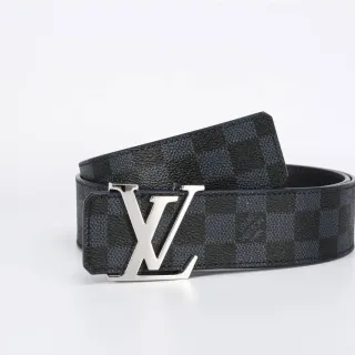 Louis Vuitton काला भूरा Damier Graphite चेक पैटर्न पॉलिश्ड सिल्वर-टोन LV Monogram बकल चमड़े की बेल्ट