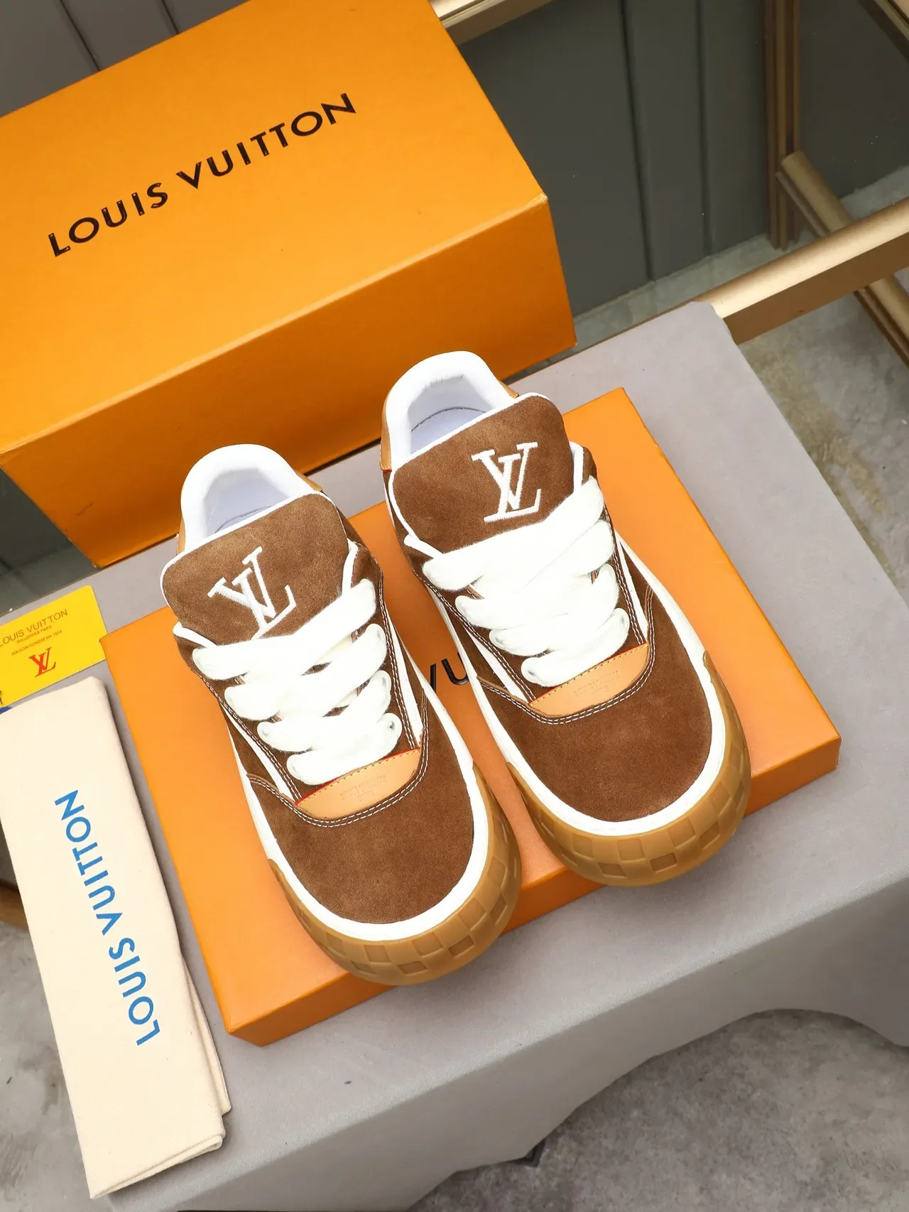 Louis Vuitton Brown Beige Suede Upper Contrast-Stitched Paneling Lifestyle Sneakers 2