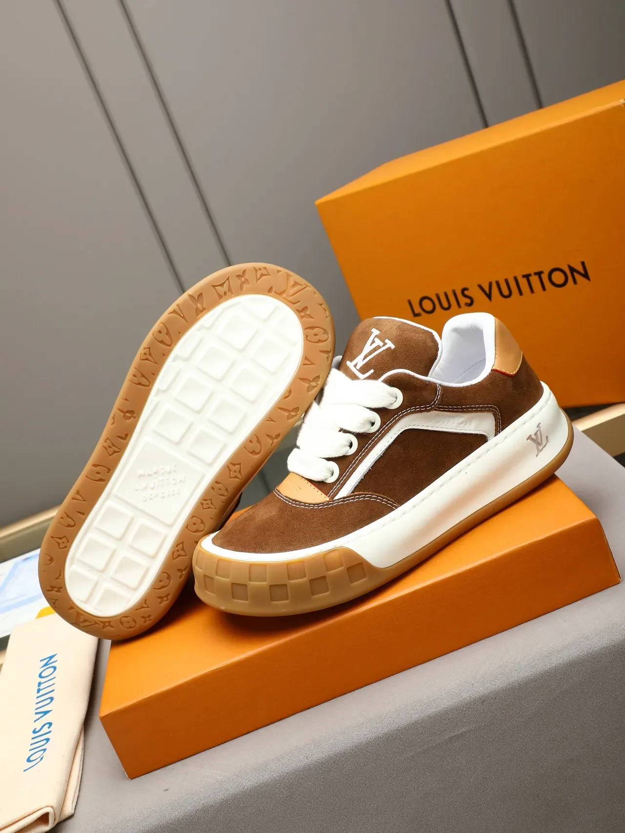 Louis Vuitton Brown Beige Suede Upper Contrast-Stitched Paneling Lifestyle Sneakers 4