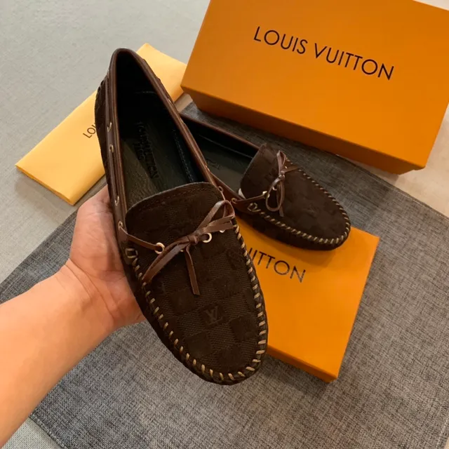 Louis Vuitton Marron Beige Tissu Monogramme Toile Contraste Couture Mocassin 3