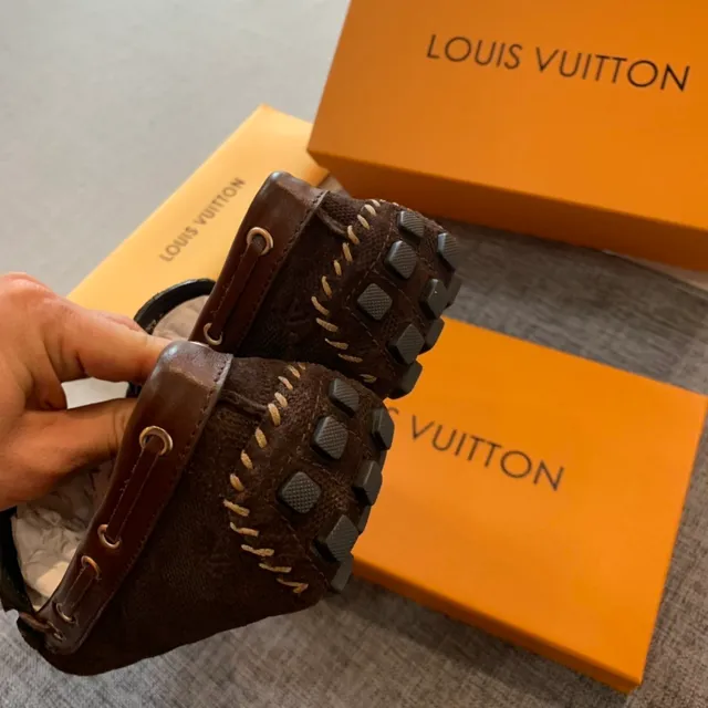 Louis Vuitton Marron Beige Tissu Monogramme Toile Contraste Couture Mocassin 5