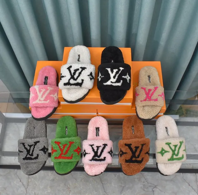Louis Vuitton Brown Black Plush Shearling Upper Monogram-Embroidered Strap Slippers 7