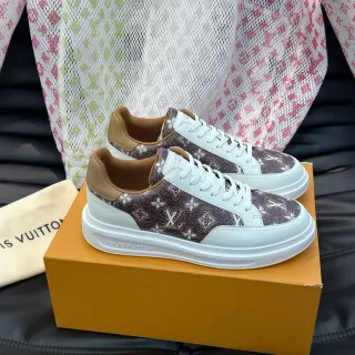 Louis Vuitton zapatillas lifestyle marrón blanco monograma lienzo superior cuero superposiciones