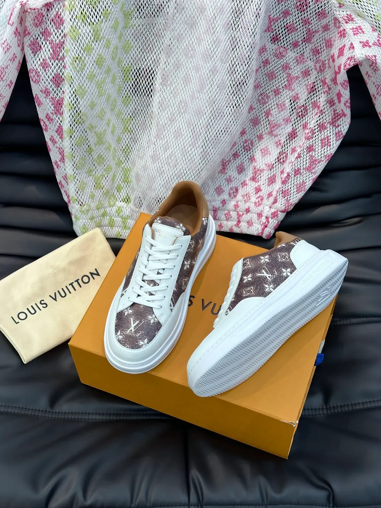 Louis Vuitton Brown White Monogram Canvas Upper Leather Overlays Lifestyle Sneakers 4