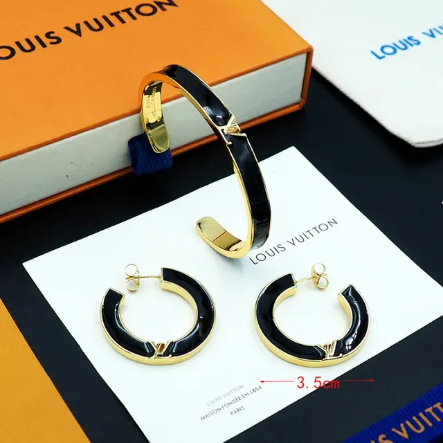 Louis Vuitton C-Shaped Hoop Black Gold Enamel Inlay Earrings 6