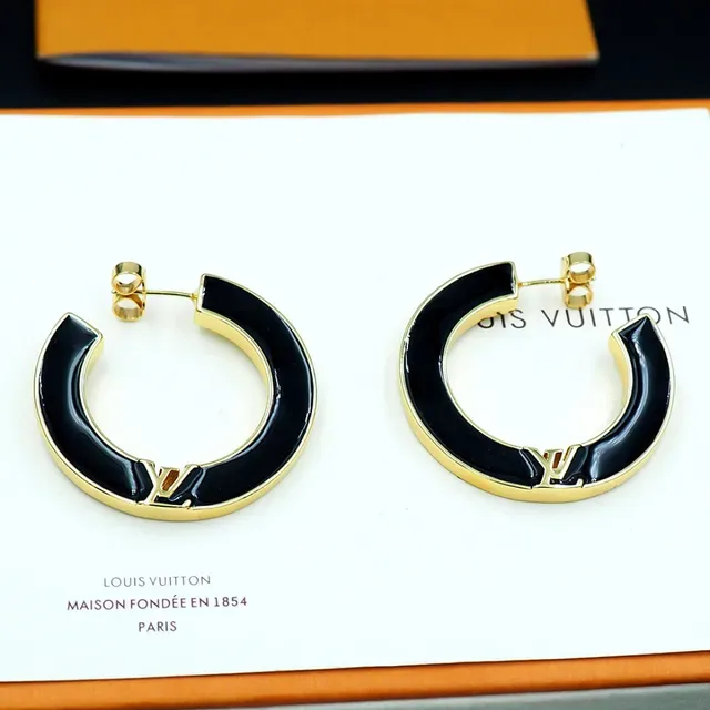 Louis Vuitton C-Shaped Hoop Black Gold Enamel Inlay Earrings 7